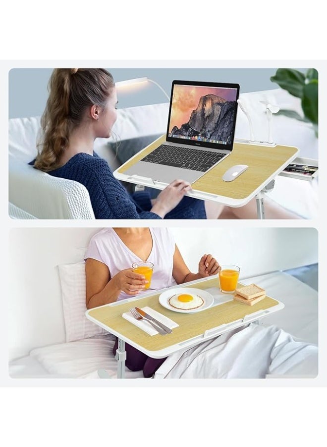 طاولة لابتوب خشبية باللون البلوط الأبيض - مكتب سرير قابل للتعديل مع مروحة تبريد USB، إضاءة LED، ودرج تخزين - Image 3